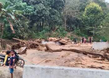 PENDUDUK melihat jambatan dipenuhi kayu balak reput akibat dihanyutkan kepala air berdekatan Kampung Tual, Pos Sinderut di Lipis, Pahang. - IHSAN PENDUDUK POS SINDERUT.