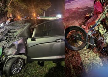 KEADAAN kemalangan menyebabkan dua remaja maut di Jalan Persiaran Senawang 1 berhampiran Taman Matahari Height, Senawang, Seremban malam semalam.-GAMBAR/IHSAN POLIS