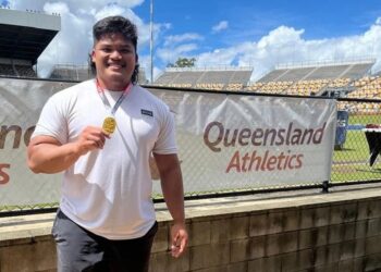 JONAH Chang meraih emas menerusi acara lontar peluru dengan catatan 17.11 meter (m) pada Kejohanan Trek dan Padang di Queensland, Australia, hari ini. - FOTO IHSAN FB KOM