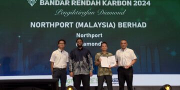 Pengurus, Sistem Pengurusan dan Kelestarian Northport, Mohd Syamim Shukri (kiri) bersama Pemangku Ketua Pegawai Eksekutif Kumpulan MGTC, Saiful Adib Abdul Munaff; Menteri Sumber Asli dan Kelestarian Alam Sekitar, Nik Nazmi Nik Ahmad dan Ketua Pegawai Eksekutif Northport, Fakhrul Azhar Tajudin semasa majlis penyampaian Anugerah Sofitel Bandaraya Rendah Karbon 2024 Kuala Lumpur di Kuala Lumpur baru-baru ini.