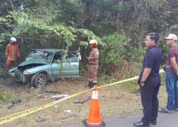 KEADAAN Proton Wira yang terlibat dalam kemalangan meragut satu nyawa di Kilometer (KM) 48  Kampung Selamat, Jalan Kuala Terengganu - Kota Bharu, Terengganu.