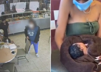 RAKAMAN video menunjukkan remaja perempuan meninggalkan bayi yang baru dilahirkan kepada seorang pelanggan di sebuah restoran di Jersey City. -AGENSI