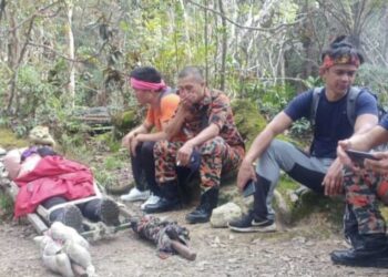 Anggota Mosar membawa turun pendaki yang mengalami demam dan sesak nafas di Gunung Kinabalu hari ini.-IHSAN Bomba