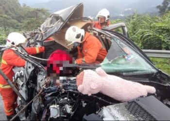 PASUKAN bomba mengeluarkan mangsa yang tersepit dalam kemalangan maut di Jalan Kimanis-Keningau di Kimanis, Papar hari ini.-IHSAN Bomba.