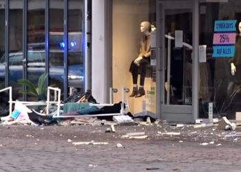 This image grab taken from a video obtained from Steil-TV shows destruction at the scene where a car drove into pedestrians in the center of Trier, southwestern Germany, on December 1, 2020. - At least two people were killed and several injured when a car drove into a pedestrian zone in the southwestern German city of Trier on December 1, 2020, police said, adding that the driver had been arrested. (Photo by STEIL-TV / STEIL-TV / AFP)