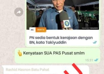 TANGKAP layar mesej palsu meminta ahli Pas menyokong BN.