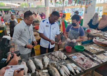 S. JEGAN bertanyakan sesuatu kepada peniaga ketika meninjau Ops Suri dan Ops Menu di Pasar Awam dan Kompleks Makanan Bayan Baru, Pulau Pinang hari ini. - Pic: IQBAL HAMDAN