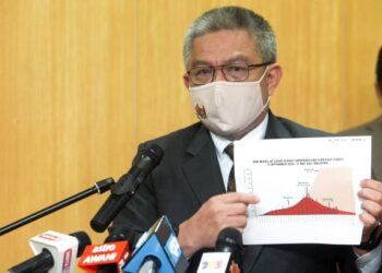 ADHAM Baba menunjukkan data pemantauan harian kes Covid-19 dalam sidang akhbar selepas majlis pelancaran buku Malaysia Health Sector Response To Covid-19 Pandemic di Kementerian Kesihatan, Putrajaya. - FOTO/FAISOL MUSTAFA