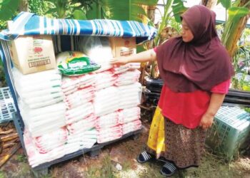 LATIFAH Suraya Yahaya melihat bekalan bahan makanan yang disimpan di lereng bukit belakang rumahnya di Kampung Bukit Lanchong, Shah Alam, Selangor, hari ini. - UTUSAN / MOHAMAD NAUFAL MOHAMAD IDRIS