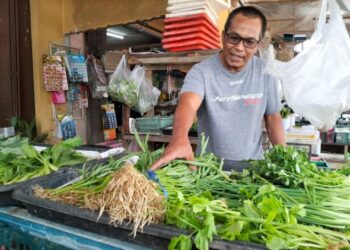 ZULKIFLI Mat Daud bersama sayur yang mengalami kenaikan 100 peratus 
di gerainya di Rantau Panjang, Kelantan. – UTUSAN/ROHANA ISMAIL