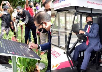 Prof Dr. Roslan menurunkan tandatangan Arca 50 Tahun UPM. (Kanan)  
tajaan buggy, sumbangan Mohd Norashedy Ab. Rashid.