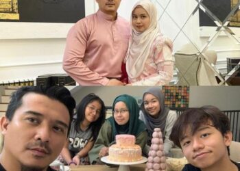 Aaron Aziz bersama isteri Diyana Halik dan tiga anaknya.