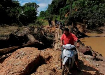 GURU dan murid SK Tohoi di Gua Musang terpaksa menggunakan jambatan kayu balak untuk ke sekolah setiap hari. - UTUSAN/AIMUNI TUAN LAH