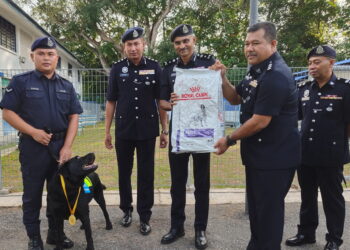 G. Suresh Kumar (tengah) menyerahkan makanan anjing kepada Johan Anak Jame (kiri) dan anjing K9 kendaliannya, Black di Seksyen K9 IPD Langkawi di Langkawi.