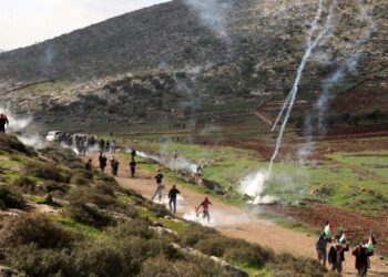 PASUKAN keselamatan melepaskan gas pemedih mata terhadap penunjuk perasaan Palestin dalam demonstrasi membantah peluasan penempatan Israel berhampiran kampung Beit Dajan di Tebing Barat. - AFP