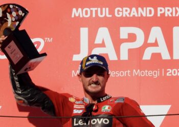 PELUMBA Ducati, Jack Miller meraikan kemenangannya pada Grand Prix Jepun di Motegi hari ini. - AFP