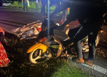 PENUNGGANG motosikal yang maut akibat merempuh sekumpulan kerbau di atas jalan di Jalan Sungai Kroh-Kampung Gajah dekat Air Kuning, Tapah kelmarin. - UTUSAN/IHSAN PDRM