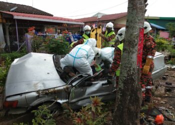 ANGGOTA bomba mengeluarkan mangsa yang tersepit dalam keretanya  yang melanggar pokok di Kilometer 1, Jalan Baru Kuala Rui dekat Gerik hari ini. - IHSAN JBPM PERAK