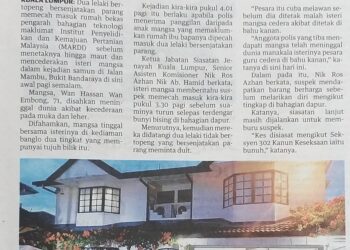 KERATAN akhbar Utusan Malaysia hari ini.