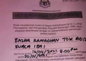 NOTIS perintah tutup premis membabitkan bazar Ramadan Tok Adis di Kuala Ibai, Kuala Terengganu kerana melanggar prosedur operasi standard (SOP) Covid-19 tular di media sosial sejak malam tadi. 