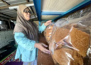 ZABEDAH SALLEH menyusun bungkusan kuih karas yang telah ditempah oleh pelanggan sempena Hari Raya Aidilfitri di Kampung Sungai Padang, Simpang Empat, Arau, Perlis hari ini.- UTUSAN/NAZLINA NADZARI