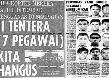 KERATAN Utusan Malaysia mengenai anggota tentera yang terkorban ekoran helikopter dinaiki mereka terhempas selepas ditembak pengganas komunis dalam Operasi Gubir, Kedah pada 1976.