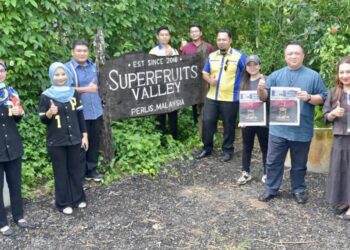 TUANKU Syed Faizuddin Putra Jamalullail; Raja Puan Muda Perlis, Tuanku Hajah Lailatul Shahreen Akashah Khalil dan Puteri Sharifah Farah Adriana Jamalullail memegang akhbar Utusan Malaysia bersama kakitangan Pejabat Tuanku Raja Perlis di Super Fruits Valley Perlis, Arau, hari ini.