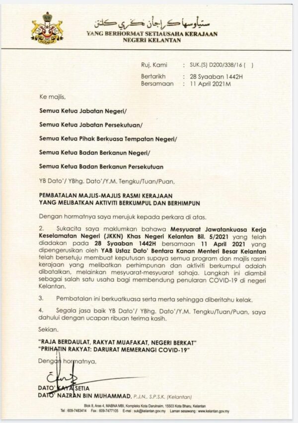 Covid19 Kelantan batal semua majlis rasmi kerajaan  Utusan Digital