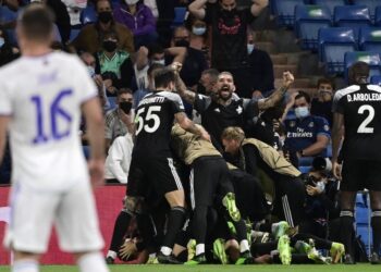 PEMAIN Sheriff meraikan gol kedua mereka ketika menentang Real Madrid dalam aksi Liga Juara-Juara. - AFP