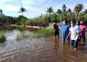 JOHARI Rashid (kanan) melihat kawasan sawah yang ditenggelami banjir termenung di Kampung Luar, Rantau Panjang, Kelantan, semalam. - UTUSAN/YATIMIN ABDULLAH