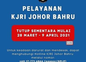 PEJABAT Konsulat Jeneral Republik Indonesia ditutup sementara ekoran berlaku penularan pandemik Covid-19 di Johor Bahru, Johor.