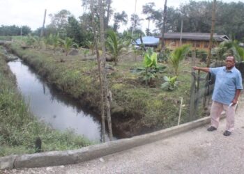 RAMIN Kassim menunjukkan sungai kecil berdekatan rumahnya yang tidak mampu menampung aliran air yang banyak sehingga menyebabkan banjir pada setiap tahun di Jalan Kempas, Kampung Seri Gambut, Pekan Nanas, di Pontian, Johor. -UTUSAN/MUHAMMAD ZIKRI