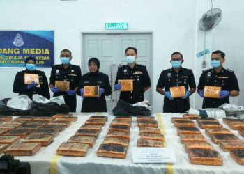 SURINA Saad menunjukkan ketulan mampat tumbuhan kering disyaki ganja bernilai RM6.58 juta dalam sidang akhbar di Ibu Pejabat Polis Kontinjen (IPK) Kangar, Perlis semalam. - UTUSAN/MOHD. HAFIZ