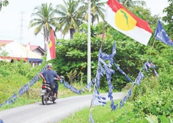 BENDERA Barisan Nasional dan Umno dipasang di laluan masuk ke sebuah kampung di Pauh, di Kangar, Perlis. – UTUSAN/IZLIZAN OTHMAN