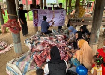 PARA penduduk di beberapa kampung membantu memotong daging dallam program ibadat korban anjuran UiTM Melaka di Kemboja, baru-baru ini.