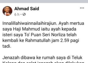 Status yang dimuat naik Ahmad Said di Facebook hari ini.