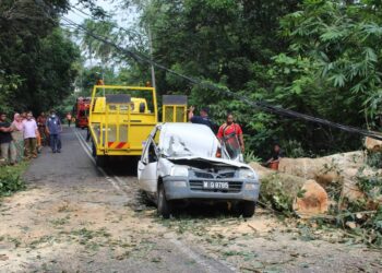 KEADAAN kereta dinaiki mangsa yang dihempap pokok getah dalam kejadian di Kilomter 5, Jalan Keru-Batu Belang, Tampin dekat sini hari ini.-UTUSAN/NOR AINNA HAMZAH.