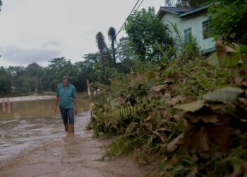 MAMAT @ Mohammad Abdullah meninjau jambatan yang menghubungkan antara Kampung Air Putih dan Kampung Teladas di Kemaman yang dinaiki banjir. - UTUSAN/PUQTRA HAIRRY ROSLI