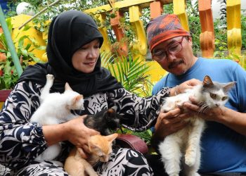 AWANG Sebawi Awang Halil (kanan) dan isterinya, Noorfadzillah Daud bersama kucing di rumahnya di Taman Desa Rahmat, Johor Bahru, Johor. -UTUSAN/RAJA JAAFAR ALI