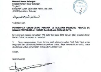 SURAT Noh Omar yang telah dihantar kepada Amirudin Shari berhubung isu perobohan gerai penjaja di Bulatan Puchong Permai, Selangor.