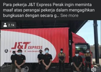 PEKERJA  J&T Express Perak yang memohon maaf kerana melempar barang pengguna dalam Facebook J&T Express Malaysia Perak baru-baru ini. - MEDIA SOSIAL