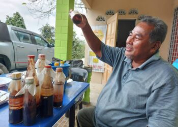 SAUDI Sidek menunjukkan stok madu tualang di kediamannya di Kampung Bolok Lanchang, Temerloh, Pahang.