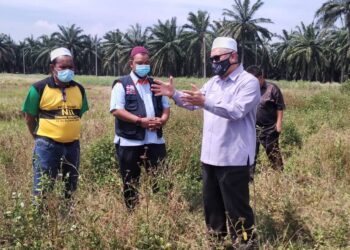 RAZMAN Zakaria (kanan) meninjau tanah yang dibelinya untuk diberikan kepada asnaf untuk membina rumah di Kampung Alor Singa,  Bagan Serai hari ini. - UTUSAN/WAT KAMAL ABAS