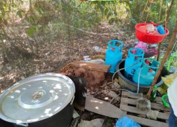 KHEMAH di tengah hutan yang dijadikan lokasi memproses air ketum berjaya dikesan pihak polis di Batu 20, Kampung Tersusun, Padang Besar, Perlis semalam.