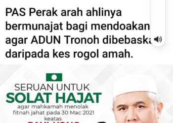 TANGKAP layar dalam portal Harakatdaily yang memuat naik hantaran Pas Perak arah ahli mendoakan agar ADUN Tronoh dibebaskan daripada tuduhan kes rogol. - UTUSAN/GAMBAR MEDIA SOSIAL