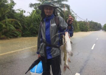 AZHAR Che Mat menunjukkan ikan baung seberat 2.5 kg yang diperolehnya di Sungai Riau di kilometer 16, Jalan Sungai Lembing di Kuantan, Pahang. - UTUSAN/ DIANA SURYA ABD WAHAB