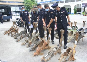 SOFFIAN Santong menunjukkan kerangka motosikal curi yang dibuang sindiket Geng Langau ke dalam Sungai Sedim, Kedah selepas dileraikan dalam sidang akhbar di Georgetown, Pulau Pinang.