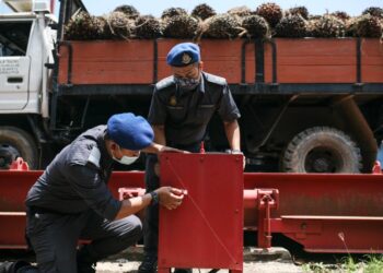 PENGUATKUASA KPDNHEP Selangor memeriksa penimbang sewaktu operasi Timbang Sawit oleh KPDNHEP Negeri Selangor di Kuala Selangor pada hari ini. UTUSAN/ZULFADHLI ZAKI