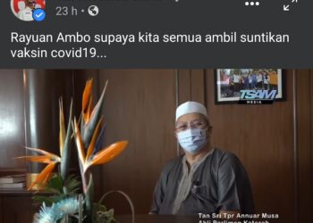 TANGKAP layar video Annuar di akaun Facebooknya yang menyeru rakyat Kelantan supaya berdaftar dengan Program Imunisasi Covid-19 Kebangsaan (PICK) serta hadir untuk menerima vaksin apabila tiba giliran.