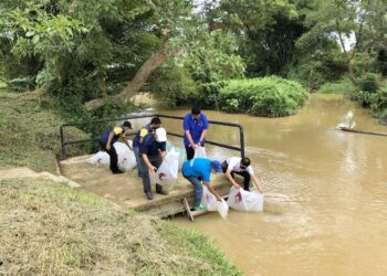 ABDULLAH Jaafar (depan, kanan) bersama kakitangan Jabatan Perikanan Pahang melepaskan benih ikan air tawar di Sungai Telang, di Kuala Lipis, Lipis, Pahang. -ihsan Jabatan Perikanan Pahang.